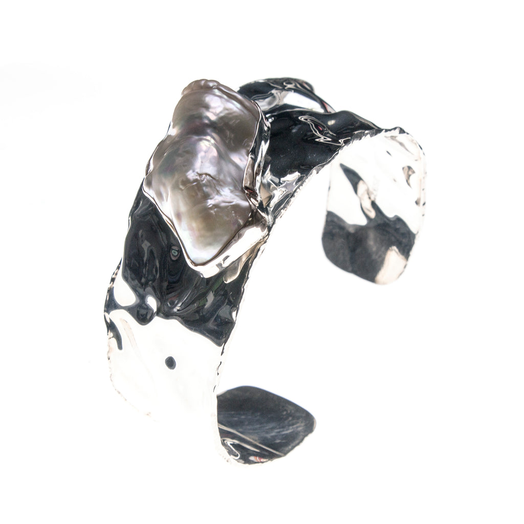 Hammered Sterling Silver Keshi Pearl Wide Cuff Bracelet