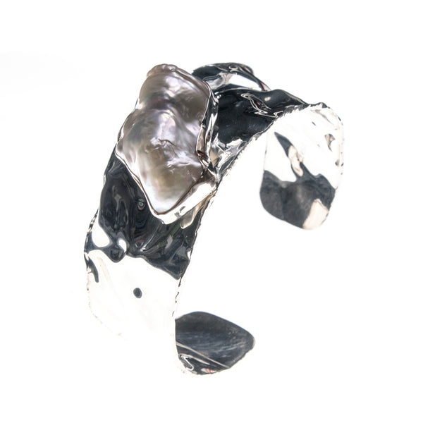 Hammered Sterling Silver Keshi Pearl Wide Cuff Bracelet