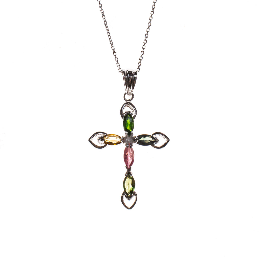 Sterling Silver Chrome Diopside and Tourmaline Cross Necklace
