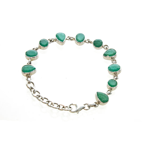 SS Faceted Round & Pear Emerald Bezel Link Bracelet