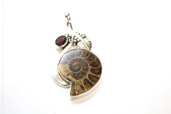 SS Ammonite and Garnet Leaves and Fruits Pendant