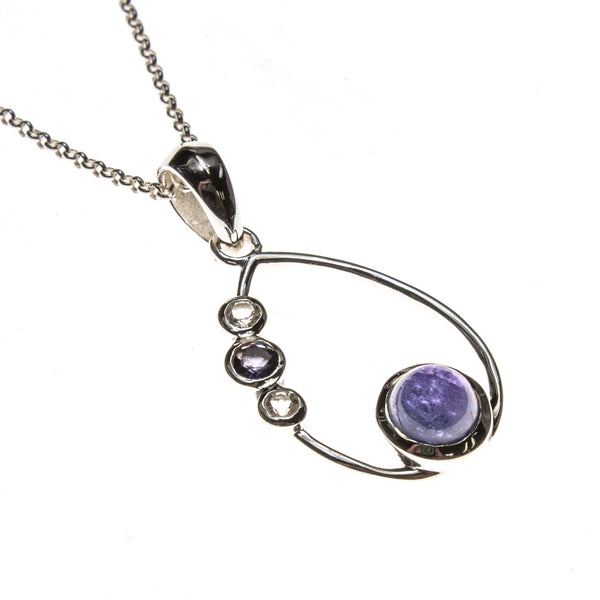 SS Tanzanite, Iolite & White Topaz Cabochons Pear Necklace