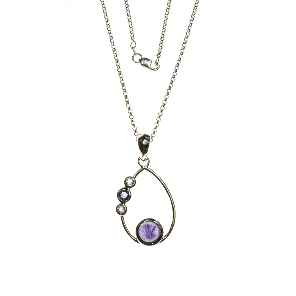 SS Tanzanite, Iolite & White Topaz Cabochons Pear Necklace