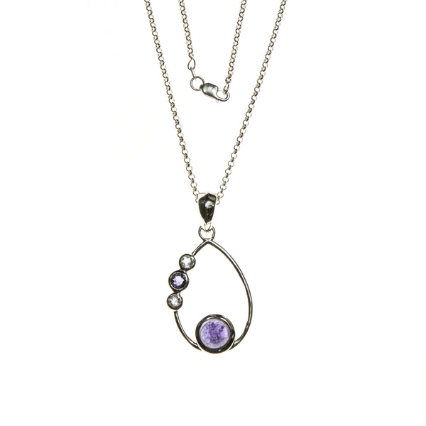 SS Tanzanite, Iolite & White Topaz Cabochons Pear Necklace