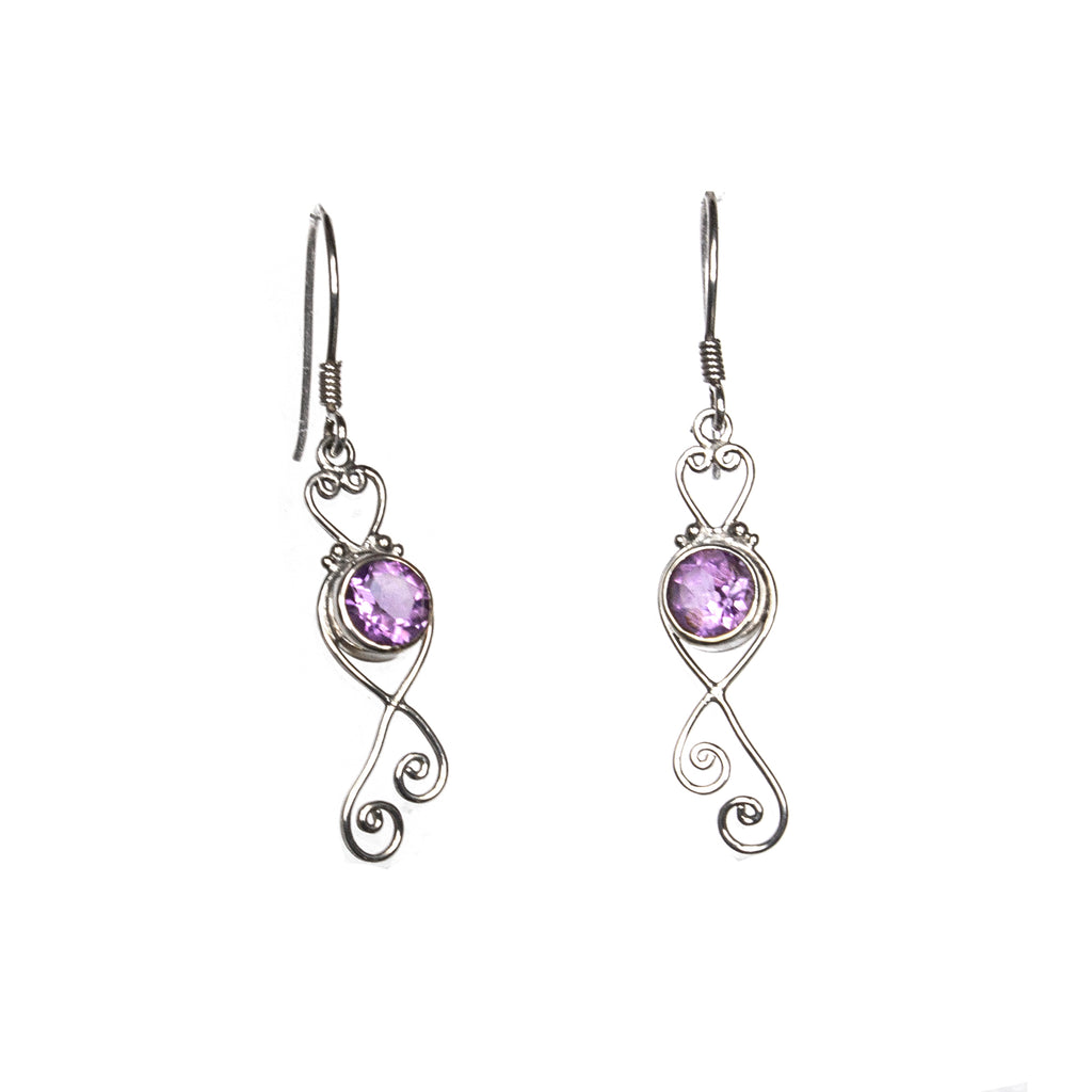 SS Sweet Amethyst Heart Scroll Dangle Earrings