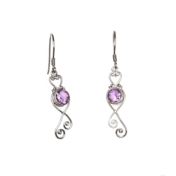 SS Sweet Amethyst Heart Scroll Dangle Earrings