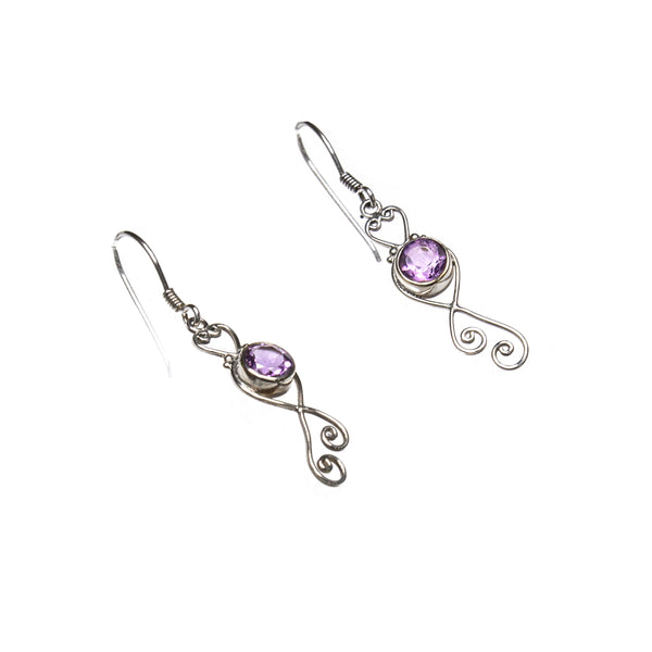SS Sweet Amethyst Heart Scroll Dangle Earrings