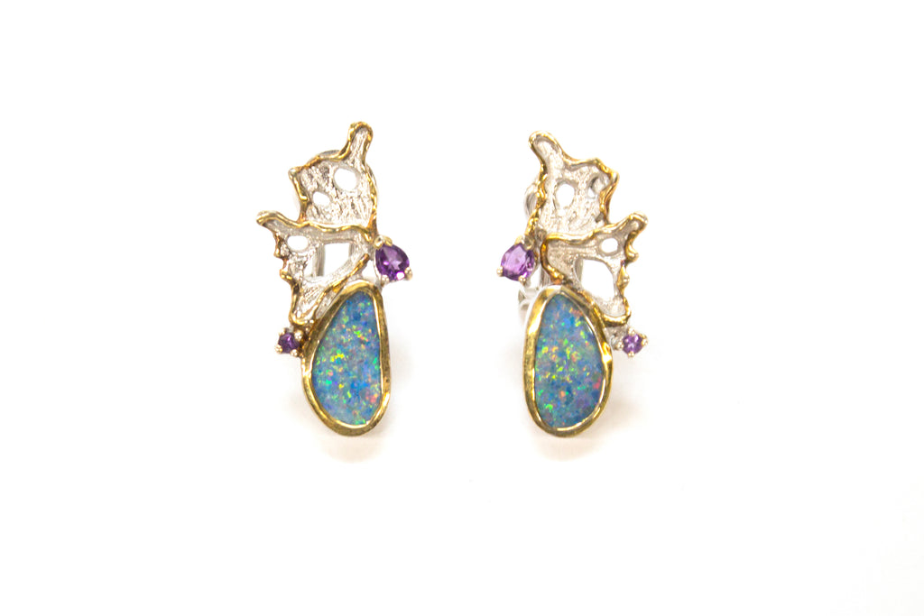 SS 14K Boulder Opal Amethyst Earrings
