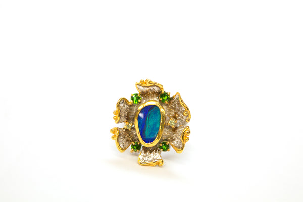 SS 14K Boulder Opal and Tsavorite Flower Ring Size 7.25