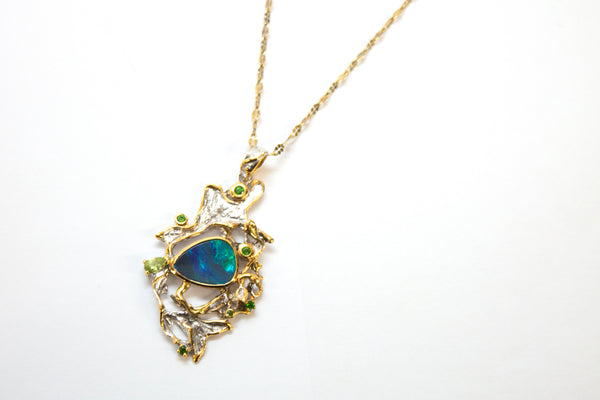 SS 14K Boulder Opal and Tsavorite Necklace