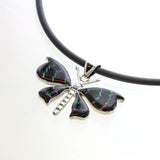 SS Onyx & Created Opal Butterfly Necklace with Rubber Cord