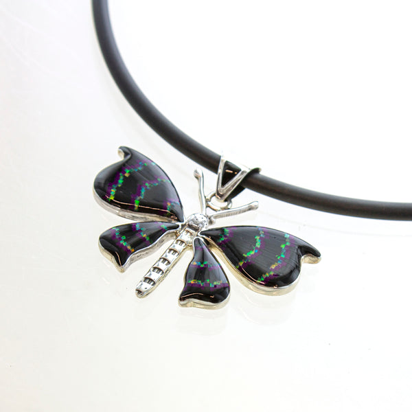 SS Onyx & Created Opal Butterfly Necklace with Rubber Cord