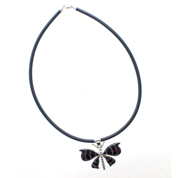 SS Onyx & Created Opal Butterfly Necklace with Rubber Cord