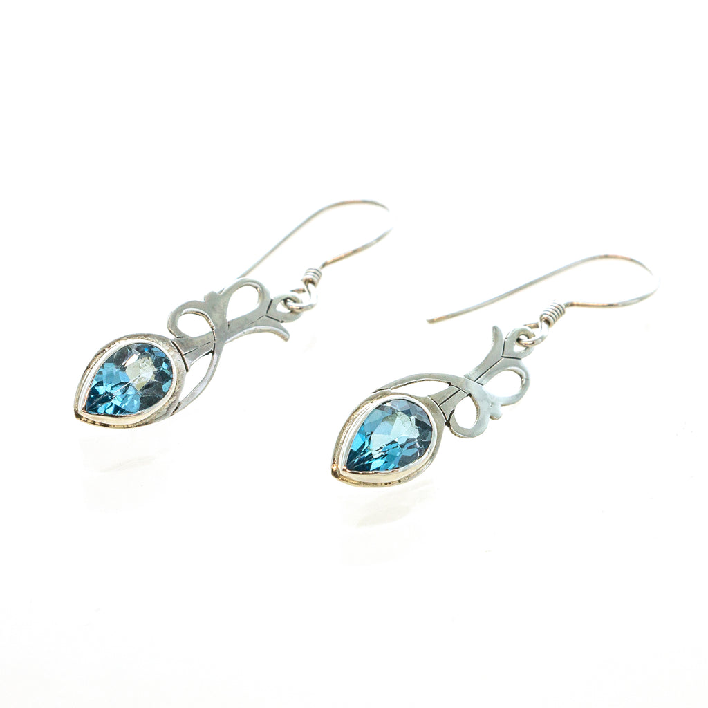 SS Filigree Blue Topaz Pear Dangle Earrings
