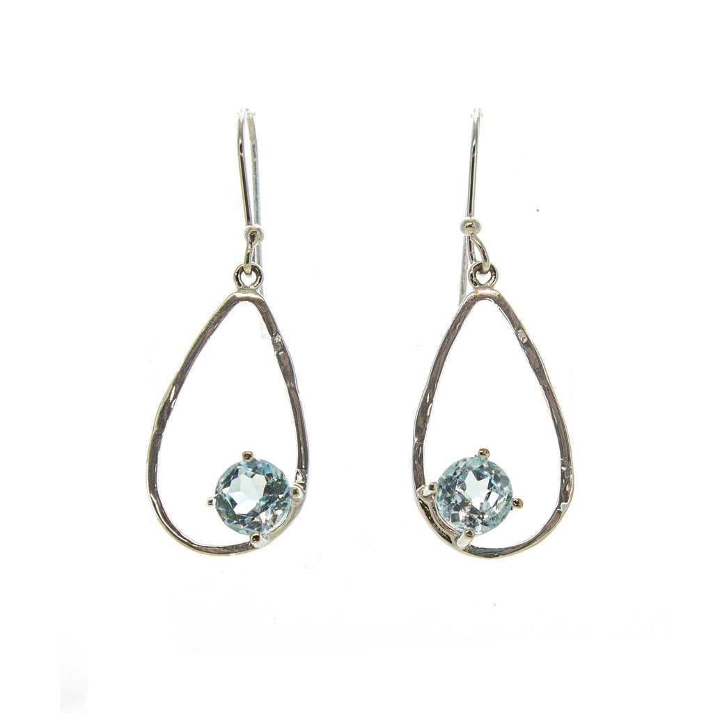 SS Cutout Pear & Pronged Blue Topaz Earrings