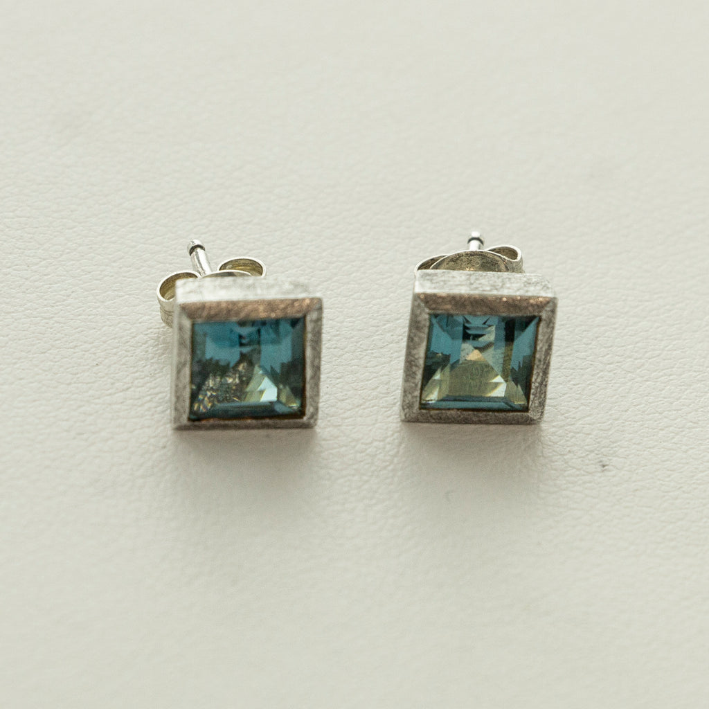 SS Meteorite-style Bezel & Blue Topaz Stud Earrings