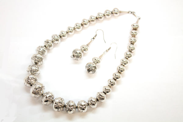 SS Carved Bead Statement Necklace and Earring Set