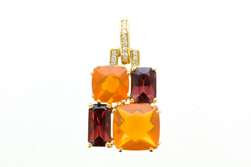 14K Fire Opal, Garnet, and Diamond Square Pendant