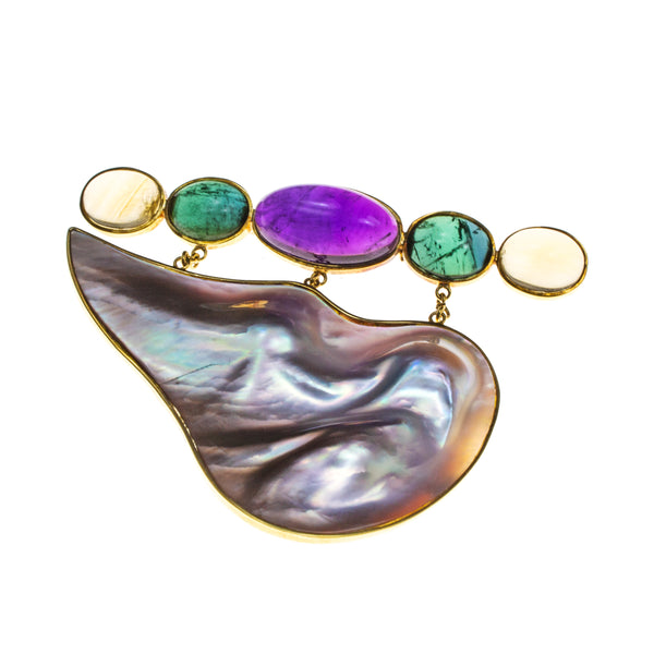 18K Blister Mabe Pearl Amethyst Green Tourmaline Citrine Pin