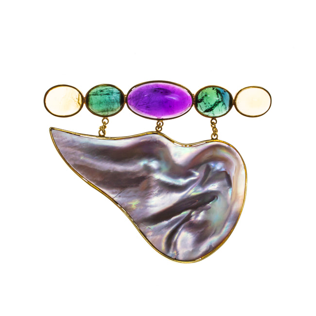 18K Blister Mabe Pearl Amethyst Green Tourmaline Citrine Pin