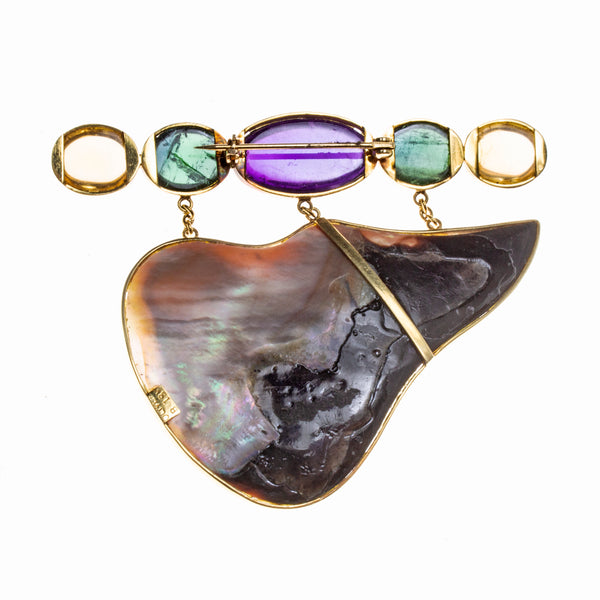 18K Blister Mabe Pearl Amethyst Green Tourmaline Citrine Pin