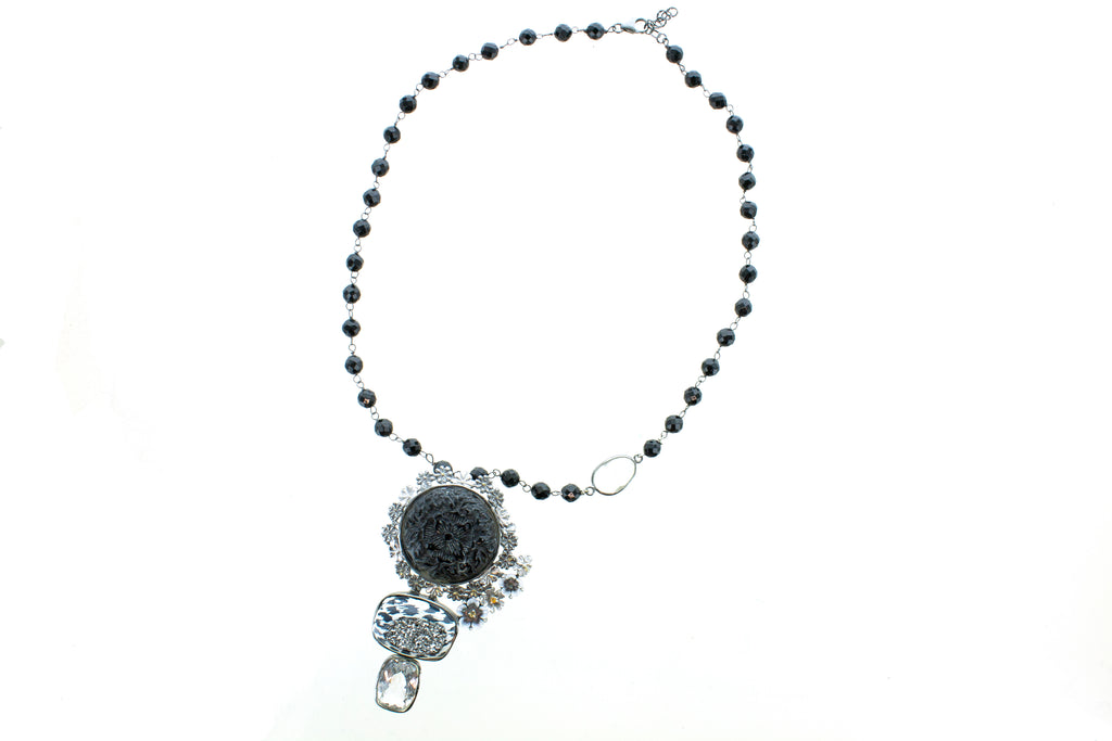 SS Obsidian and Druzy Carved Flower Beaded Necklace