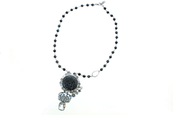 SS Obsidian and Druzy Carved Flower Beaded Necklace