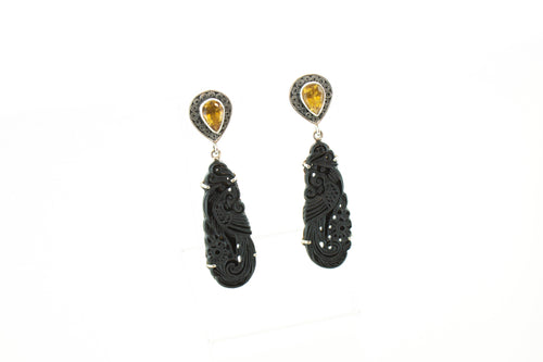 SS Onyx Citrine Carved Drop Earrings