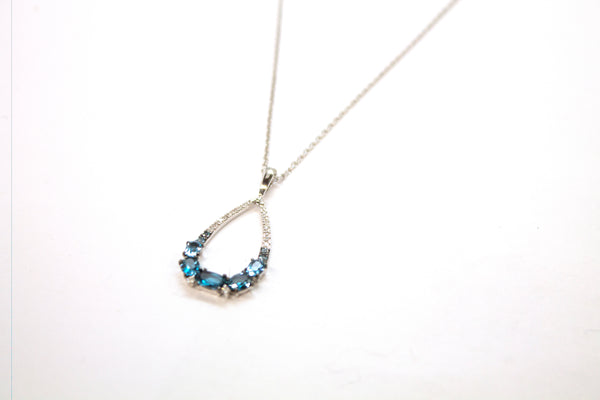 14KW Blue Topaz and Diamond Pear Necklace