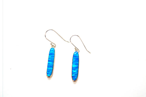 SS Created Opal Thin Oval Dangle Earrings