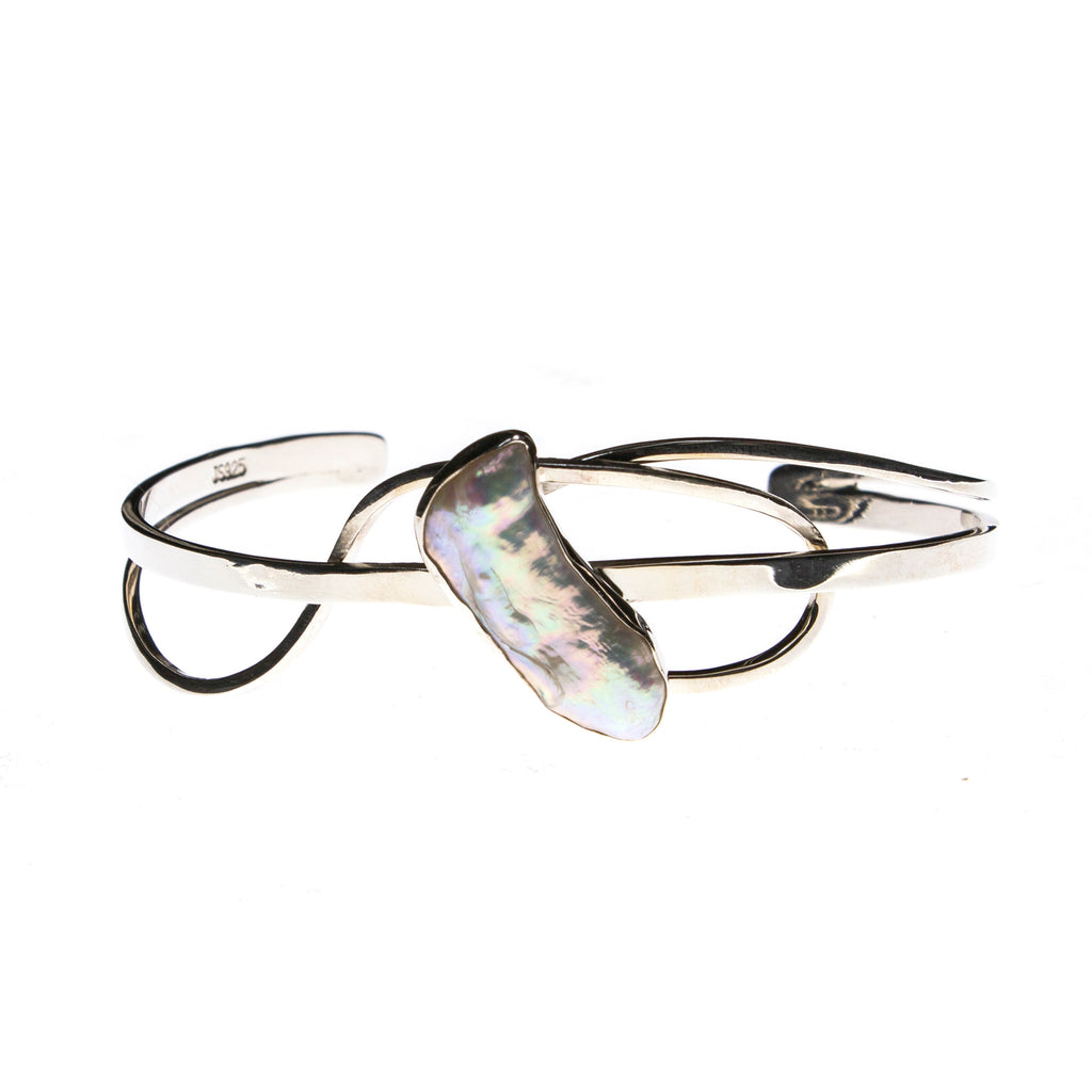 Sterling Silver Stick Pearl Wavy Cuff Bracelet