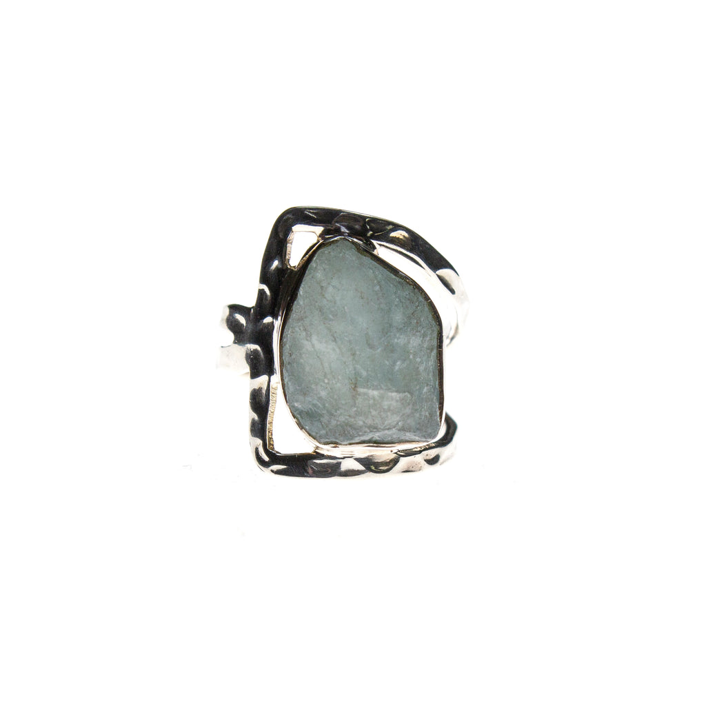 SS Hammered & Cutout Rough Aquamarine Ring