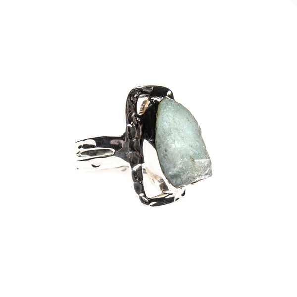 SS Hammered & Cutout Rough Aquamarine Ring