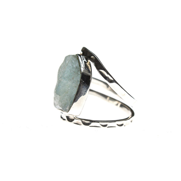 SS Hammered & Cutout Rough Aquamarine Ring