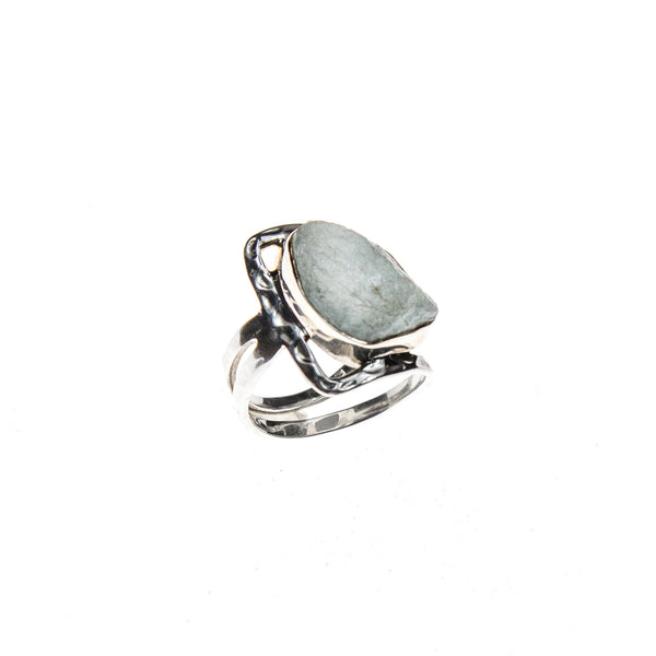 SS Hammered & Cutout Rough Aquamarine Ring