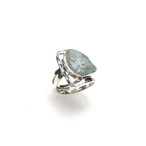 SS Hammered & Cutout Rough Aquamarine Ring