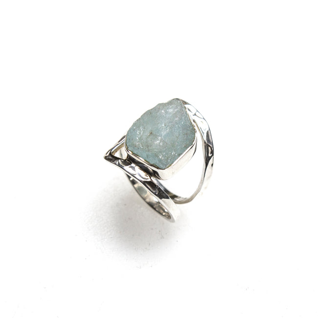 SS Hammered & Cutout Rough Aquamarine Ring