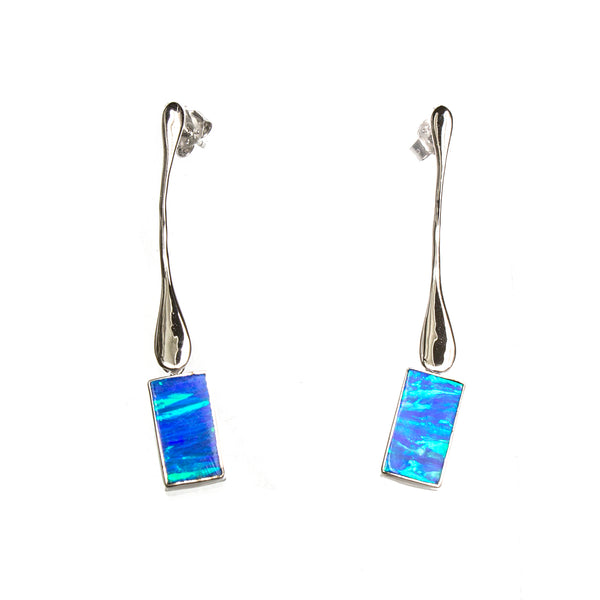 SS Hanging Created Opal Rectangle Earrings