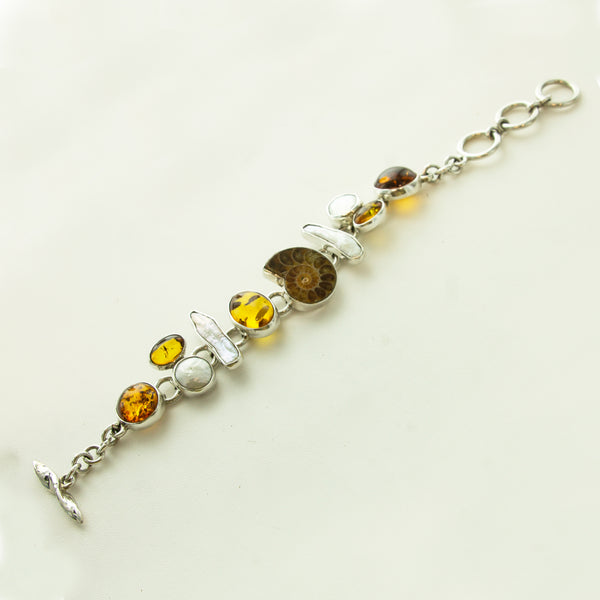 SS Ammonite, Amber & Pearl Toggle Bracelet