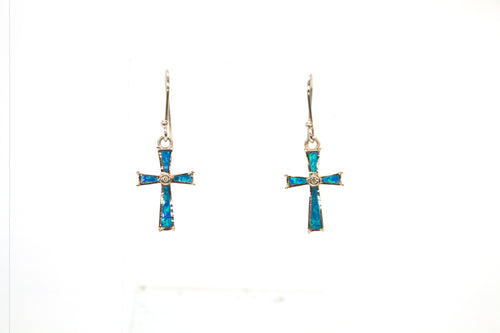 SS Created Opal and CZ Cross Earrings