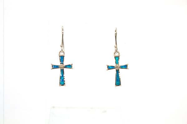 SS Created Opal and CZ Cross Earrings