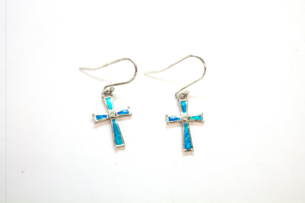 SS Created Opal and CZ Cross Earrings