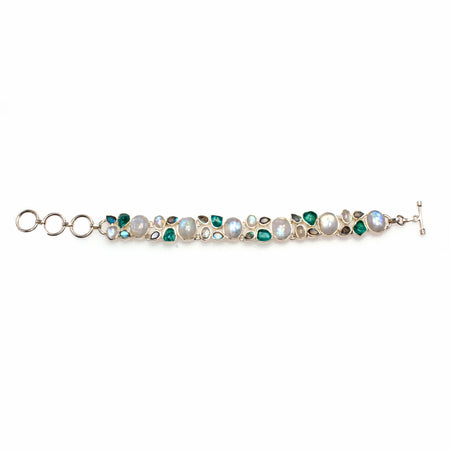 SS 2 Row Rainbow Moonstone Bezel Toggle Bracelet