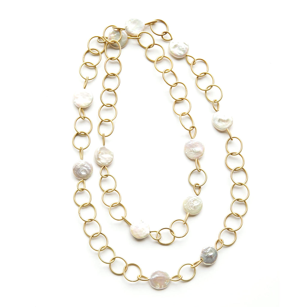 Long Piano Wire Gold Links & Coin Pearls Necklace