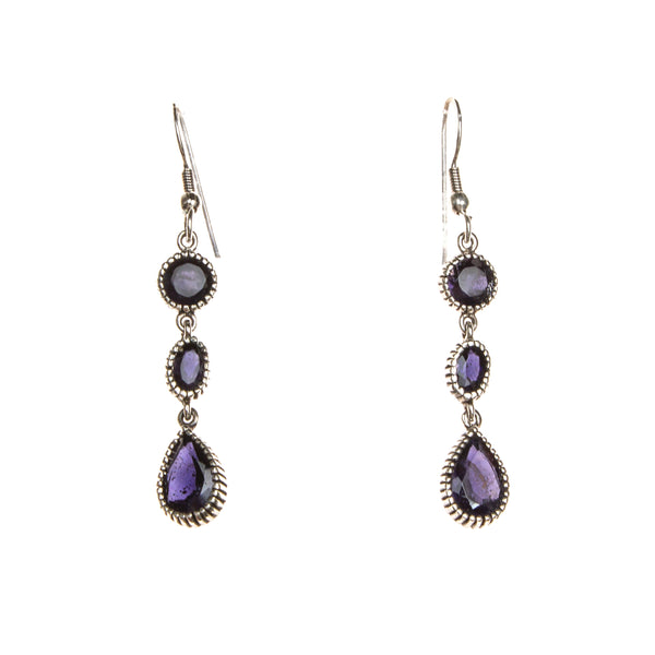 SS 3 Stone Iolite/Onyx Drop Earrings