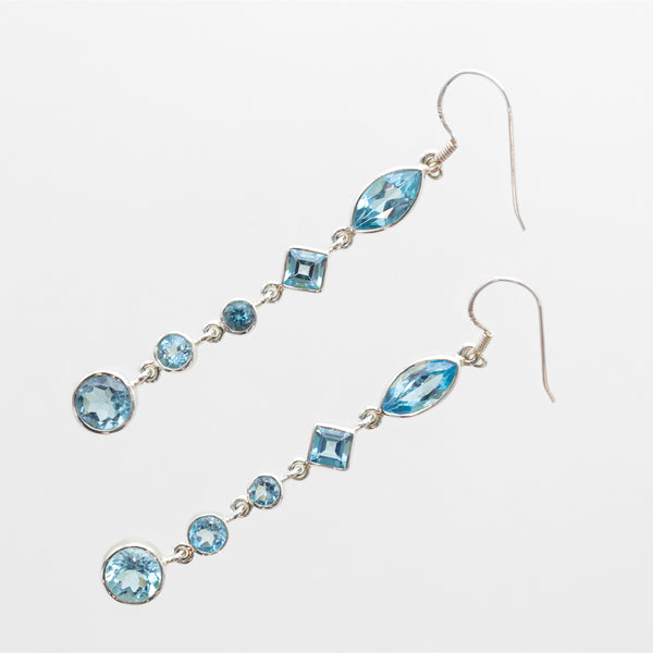 SS Garnet/Blue Topaz Multi-shape Long Dangle Earrings