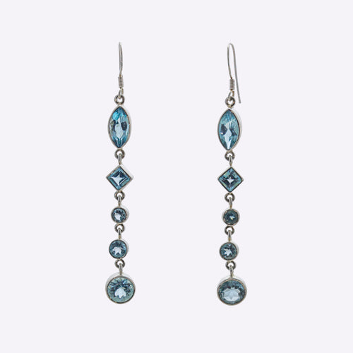 SS Garnet/Blue Topaz Multi-shape Long Dangle Earrings