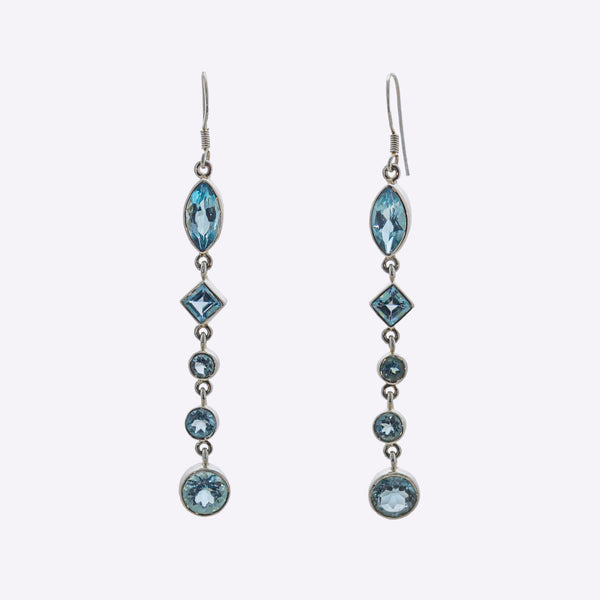 SS Garnet/Blue Topaz Multi-shape Long Dangle Earrings