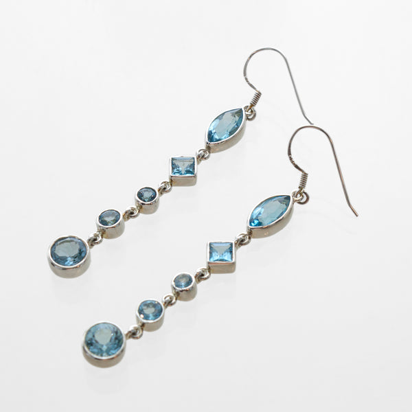 SS Garnet/Blue Topaz Multi-shape Long Dangle Earrings