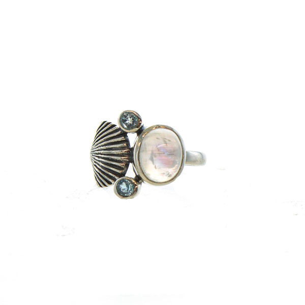 SS Moonstone & Blue Topaz Shell Ring